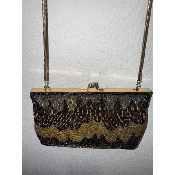 Vintage Heavily Beaded Clutch Evening Bag Handbag Purse Kiss lock Gold Multi Euc - Picture 7 of 13